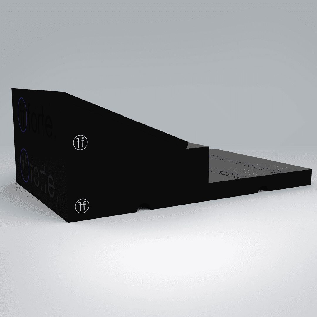 STEP BOARD ASSY 170123 The Forte Fitness step from the left right corner, with a Forte Fitness slant board placed on top. The back of the product with the logo and the left corner of the product clearly display the logo, with the step directly in front.