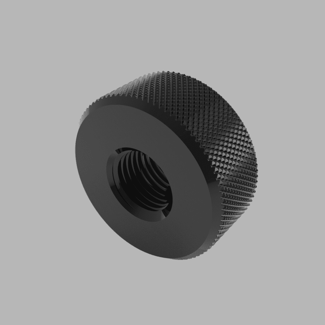 angle 3d render of black steel quick release knurled knobs