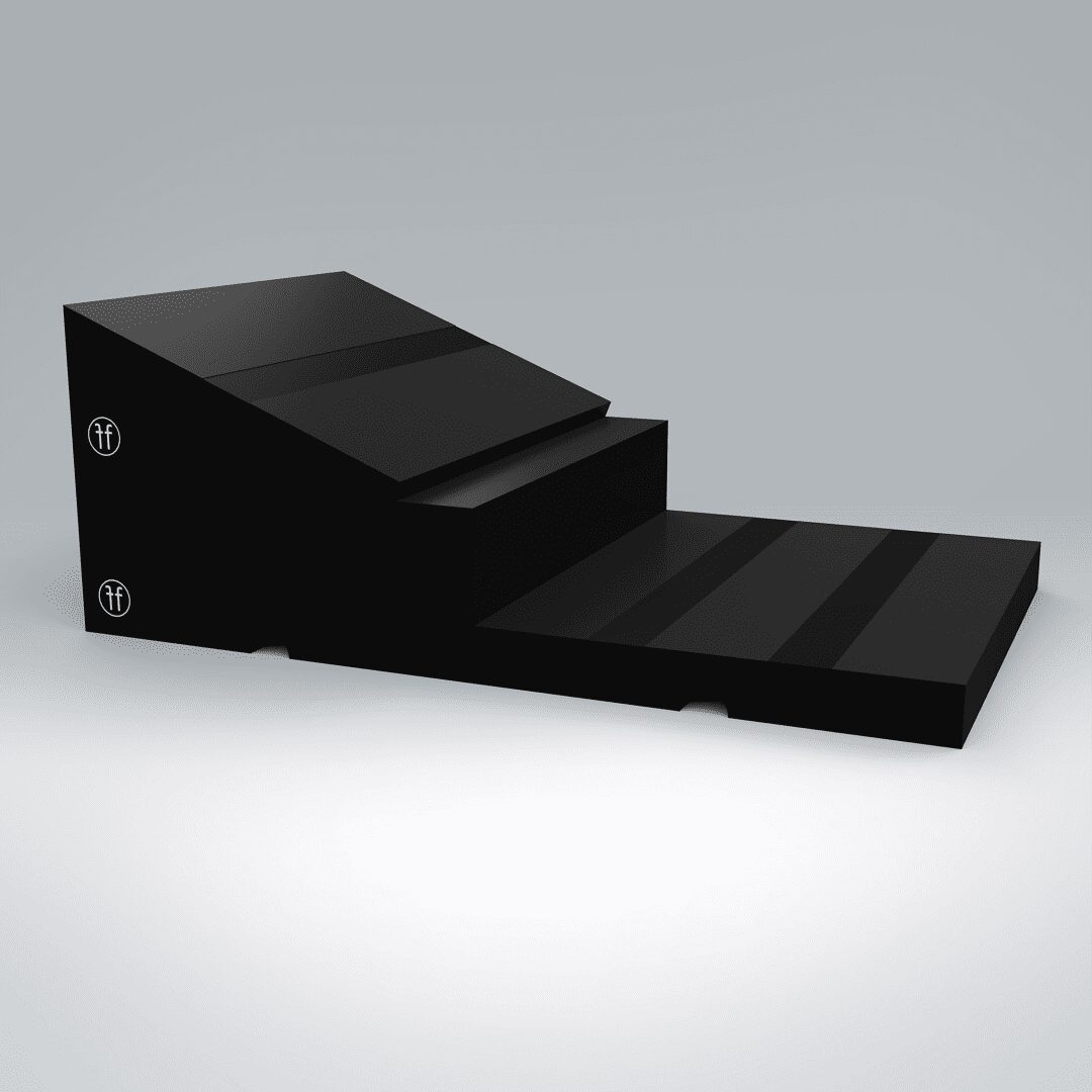 STEP BOARD & SLANT A Forte Fitness step product in black with a Forte Fitness slant board placed directly on top. This image is from the front left corner, so we can see the product from the front. The logos are placed on the bottom left corner in white.