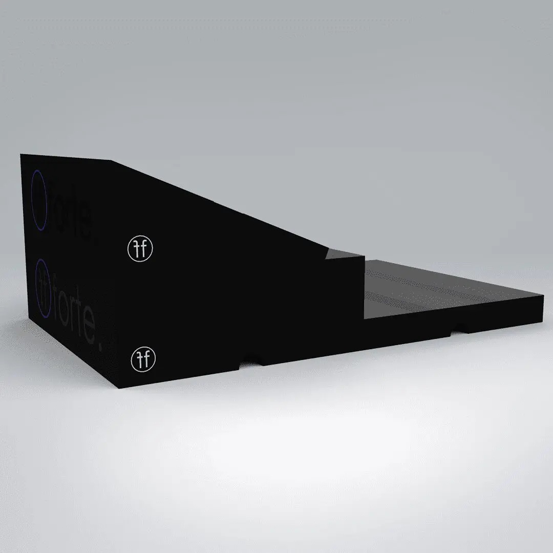STEP BOARD ASSY 170123 The Forte Fitness step from the left right corner, with a Forte Fitness slant board placed on top. The back of the product with the logo and the left corner of the product clearly display the logo, with the step directly in front.
