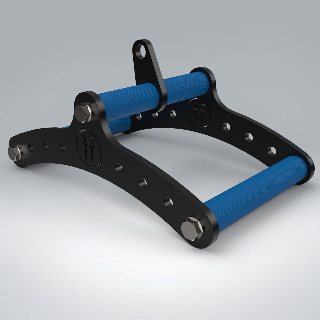 Cable Row Blue A cable row attachment by Forte Fitness. The tool consists of 2 black curved bars, attached by 3 blue gripped handles, and bolts to keep everything in place.