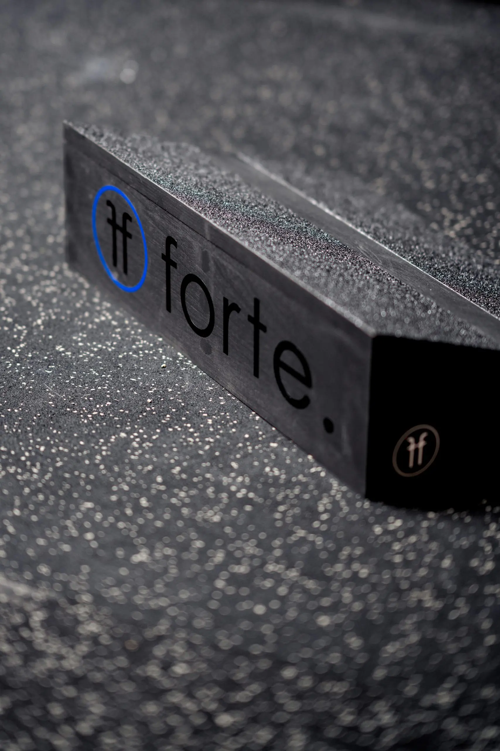 _DSC7565 close up of a wooden slant board showing the blue and black forte fitness logo at the back
