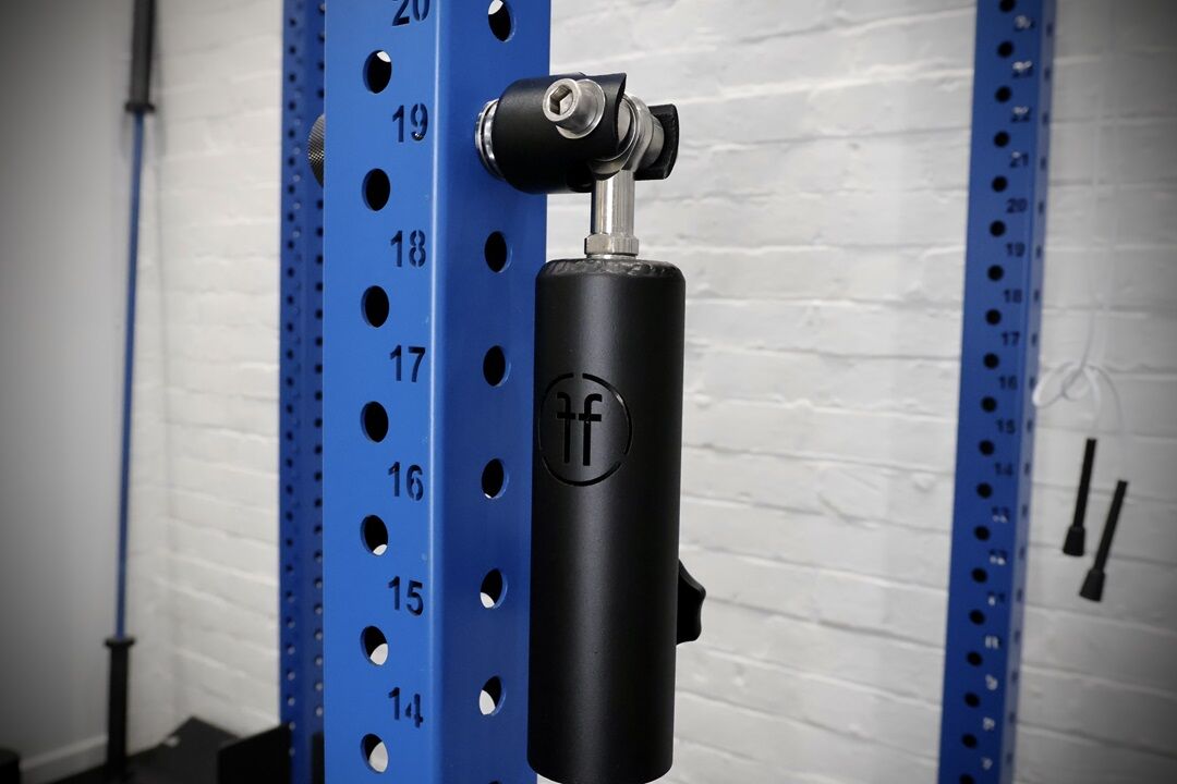 landmine attachment. landmine attachment setup on a blue rack